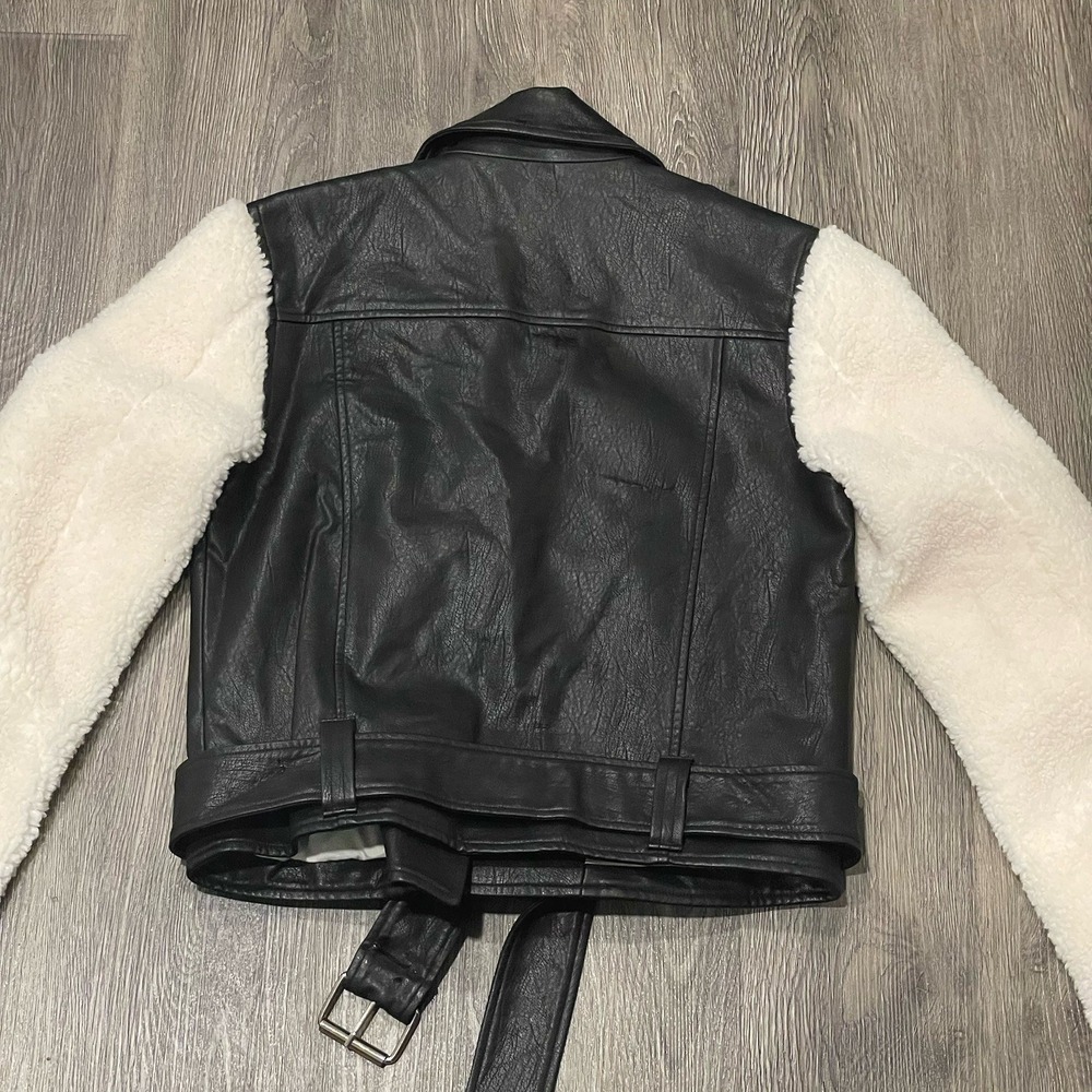 Buddylove Quinn Vegan Faux Leather Jacket Black Sherpa Sleeves Size Small Moto - Picture 9 of 9